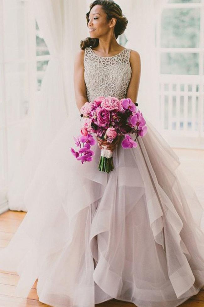 Tulle High Neck Scoop Neck Sleeveless Prom Dress with Sweep Train