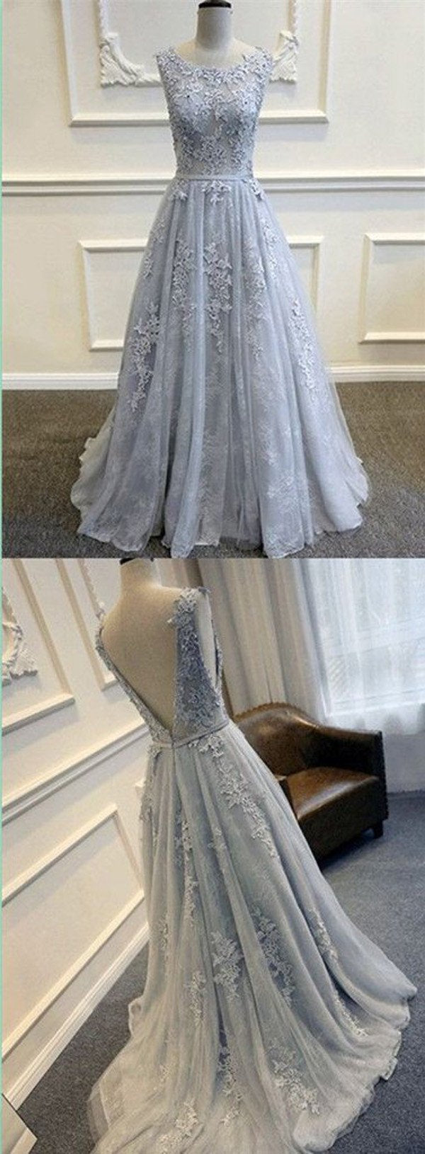 V-Back Lace Tulle Long Prom Dresses With Appliques, Evening Dresses