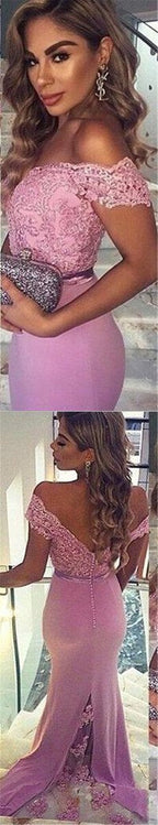 Off shoulder V-Back Long Prom Dresses With Sweep Train,