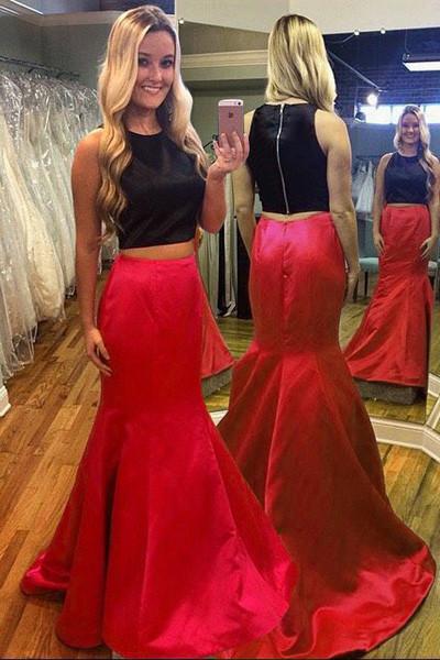 Two Piece Red Mermaid Scoop Sleeveless Prom Dress with Sweep Train