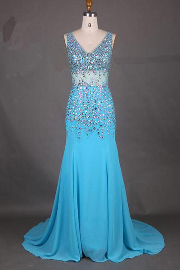 V-Neck Mermaid Court Train Long Prom Dress With Beading