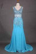 V-Neck Mermaid Court Train Long Prom Dress With Beading