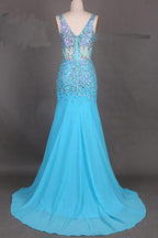 V-Neck Mermaid Court Train Long Prom Dress With Beading