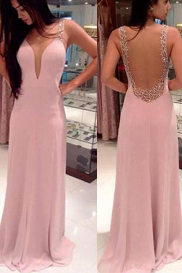 V-Neck Backless Long Prom Dresses, Pretty Evening Dresses Party Dresses