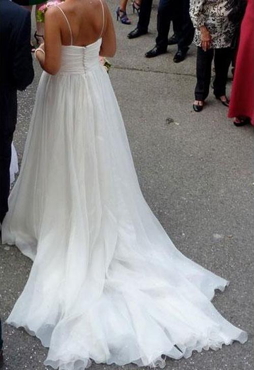 NumberSea White A-line Chiffon Simple V-neck Spaghetti Straps Court Train Wedding Dresses, MW257