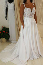 NumberSea White Sweetheart Lace Top Spaghetti Straps Long Wedding Dresses with Pocket, MW221