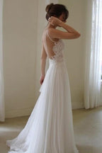Chiffon Spaghetti Straps Simple Lace Backless Cheap Wedding Dresses
