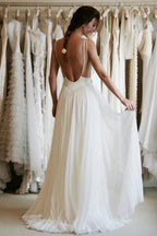 Chiffon Spaghetti Straps Simple Lace Backless Cheap Wedding Dresses