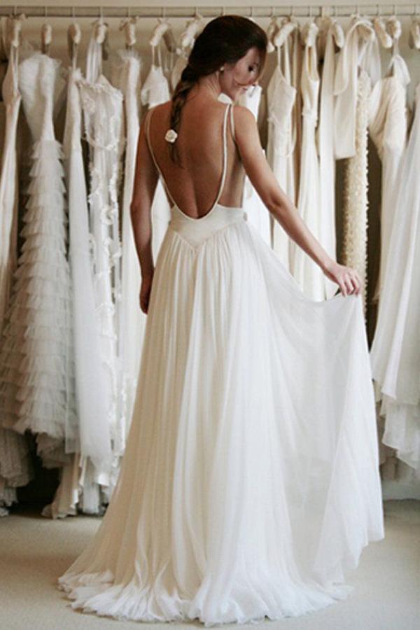 Chiffon Spaghetti Straps Simple Lace Backless Cheap Wedding Dresses
