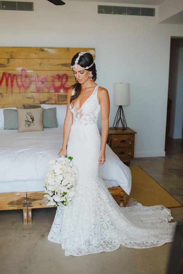 NumberSea White Tulle Deep V Neck Wedding Dresses with Sweep Train and Appliques, MW134