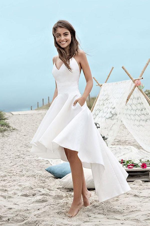 NumberSea White High Low Sweetheart Spaghetti Straps Simple Beach Wedding Dresses, MW223