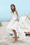 NumberSea White High Low Sweetheart Spaghetti Straps Simple Beach Wedding Dresses, MW223