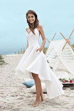 NumberSea White High Low Sweetheart Spaghetti Straps Simple Beach Wedding Dresses, MW223