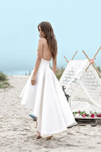 NumberSea White High Low Sweetheart Spaghetti Straps Simple Beach Wedding Dresses, MW223