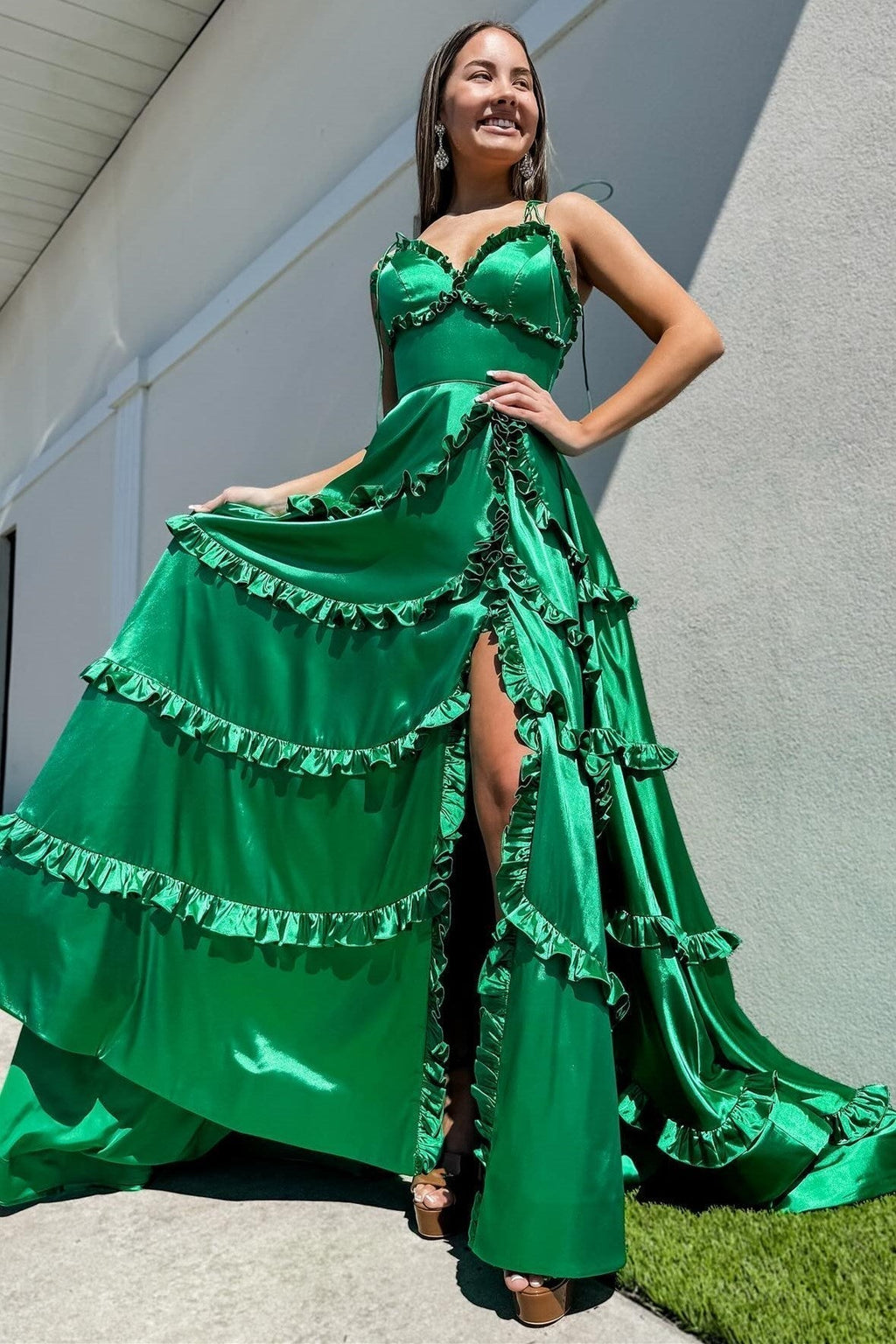 V-Neck Backless Ruffle A-Line Prom Gown with Slit