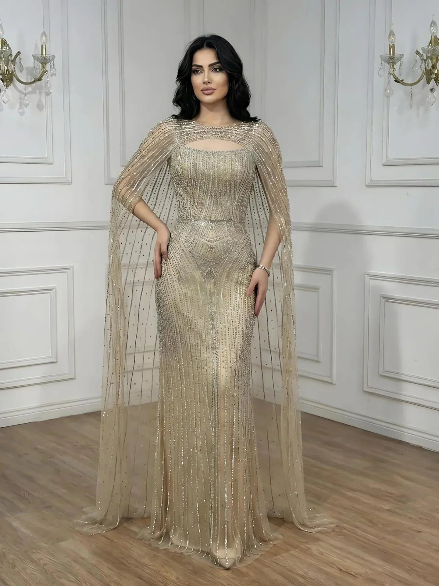 Luxury Blue Diamond Evening Dress With Cape