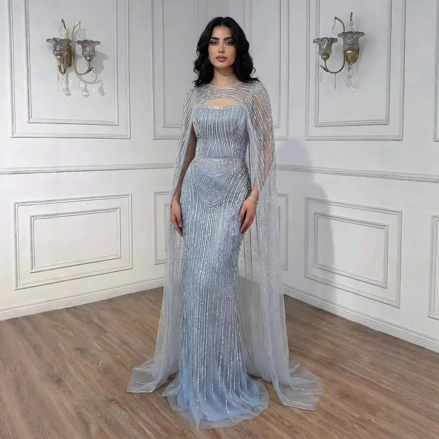 Luxury Blue Diamond Evening Dress With Cape