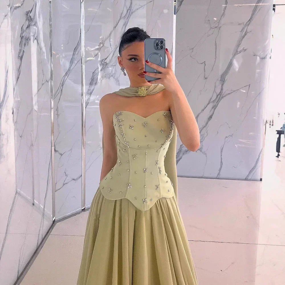 Classy Sage Green   A-Line Chiffon Evening Dress