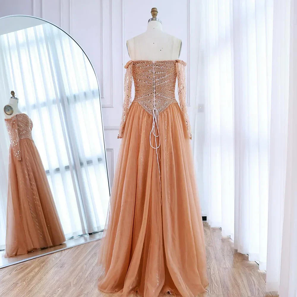 Luxury Nude Off Shoulder A-Line Beaded Evening Dress