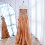 Luxury Nude Off Shoulder A-Line Beaded Evening Dress