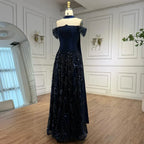 Luxury Arabic Navy A-Line Evening Dress with Beaded