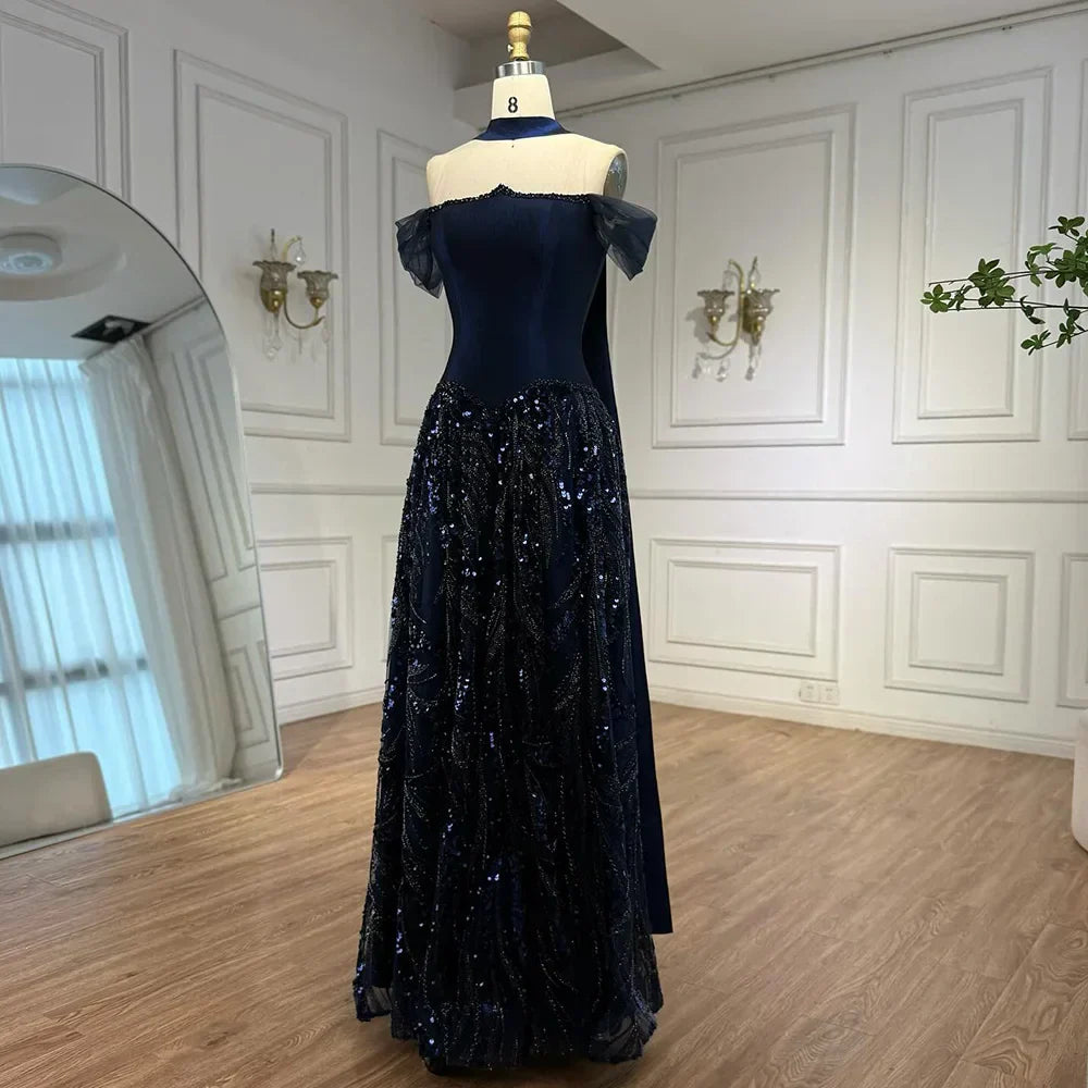 Luxury Arabic Navy A-Line Evening Dress with Beaded
