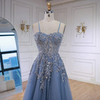Luxury Gray Tulle A Line Prom Dress with Floral Appliques