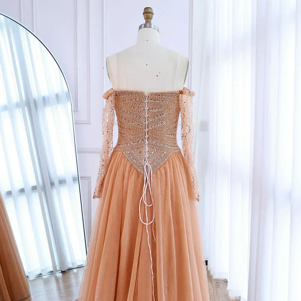 Luxury Nude Off Shoulder A-Line Beaded Evening Dress