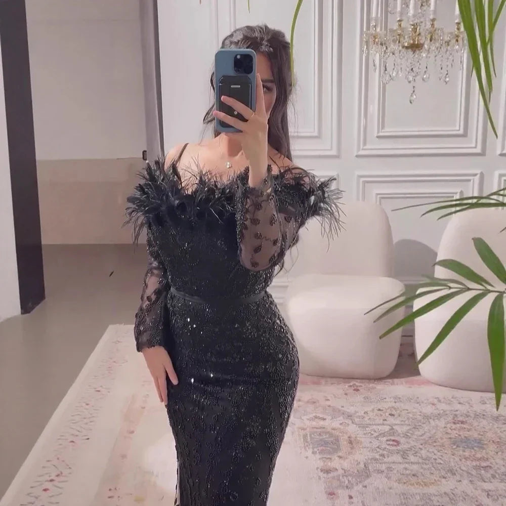 Luxury Dubai Green Long Sleeves Feathers Beaded Evening Dress