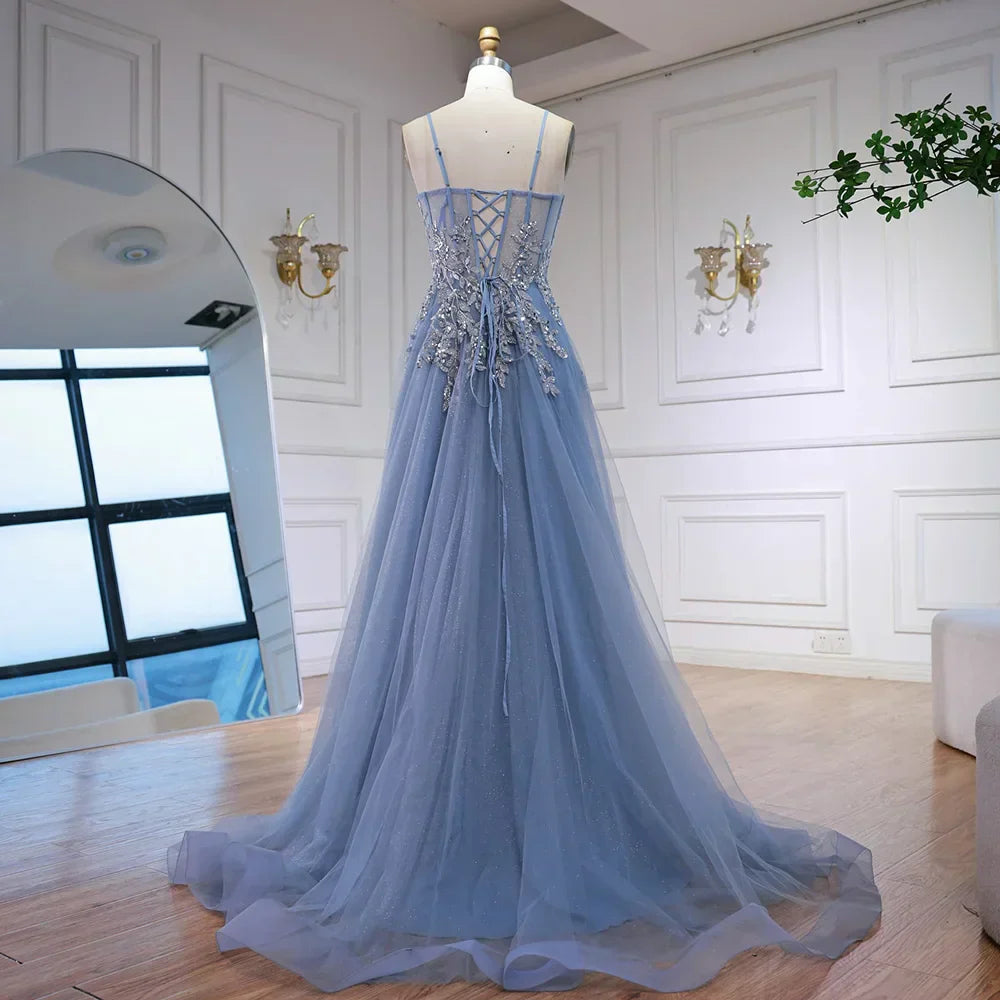 Luxury Gray Tulle A Line Prom Dress with Floral Appliques