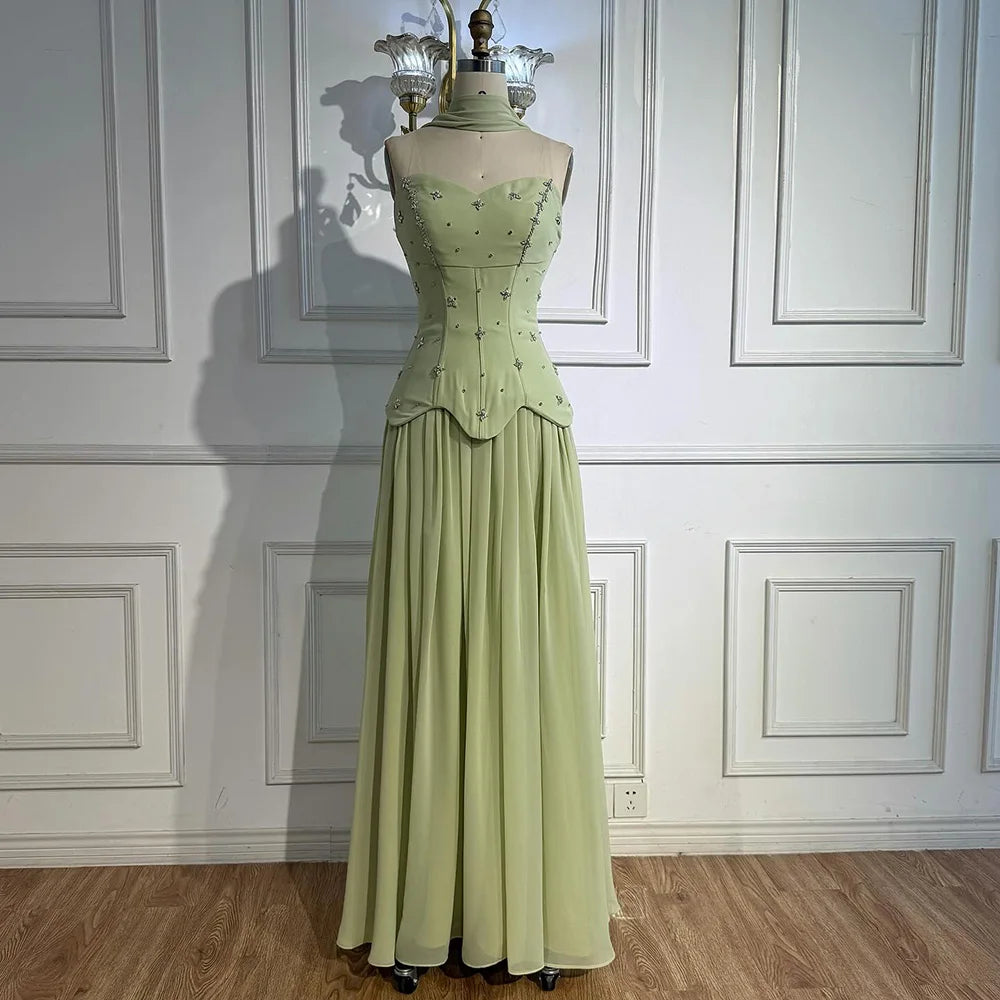 Classy Sage Green   A-Line Chiffon Evening Dress
