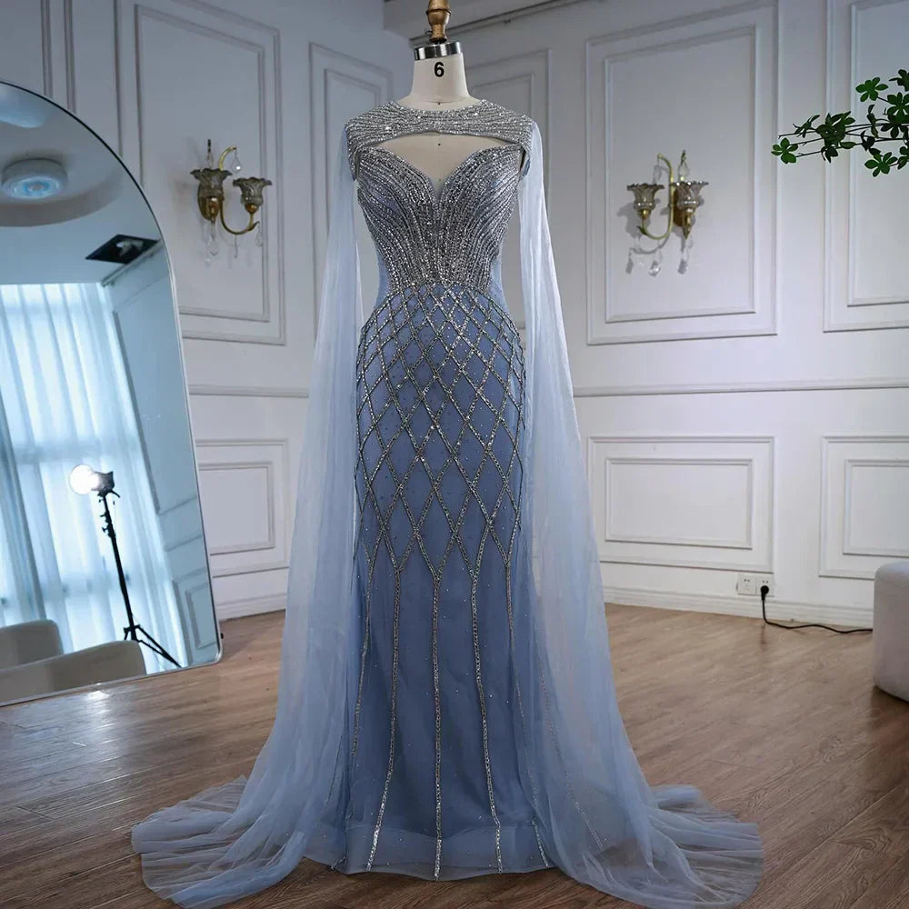 Luxury Nude Beaded Mermaid Evening Dress with Cape