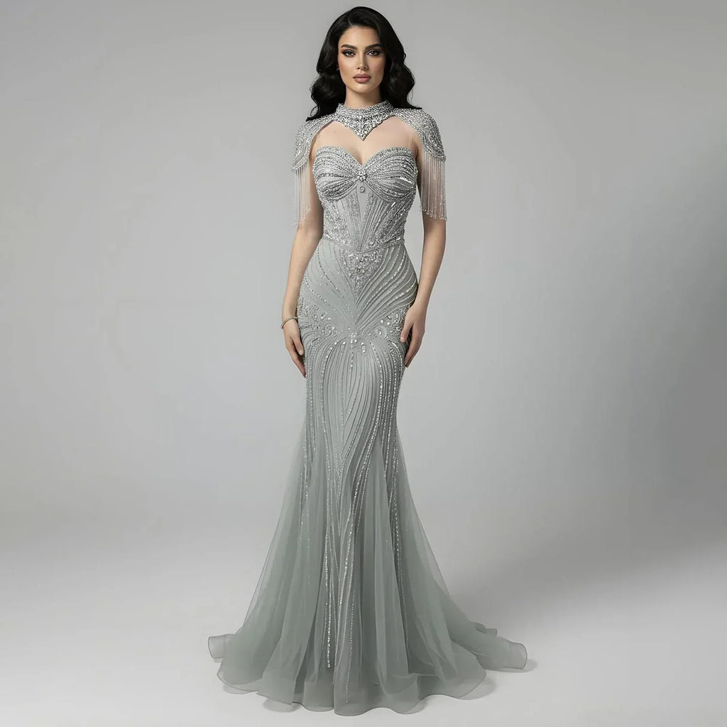 Luxury Nude Beaded High Neck Mermaid Evening Dress LA72897