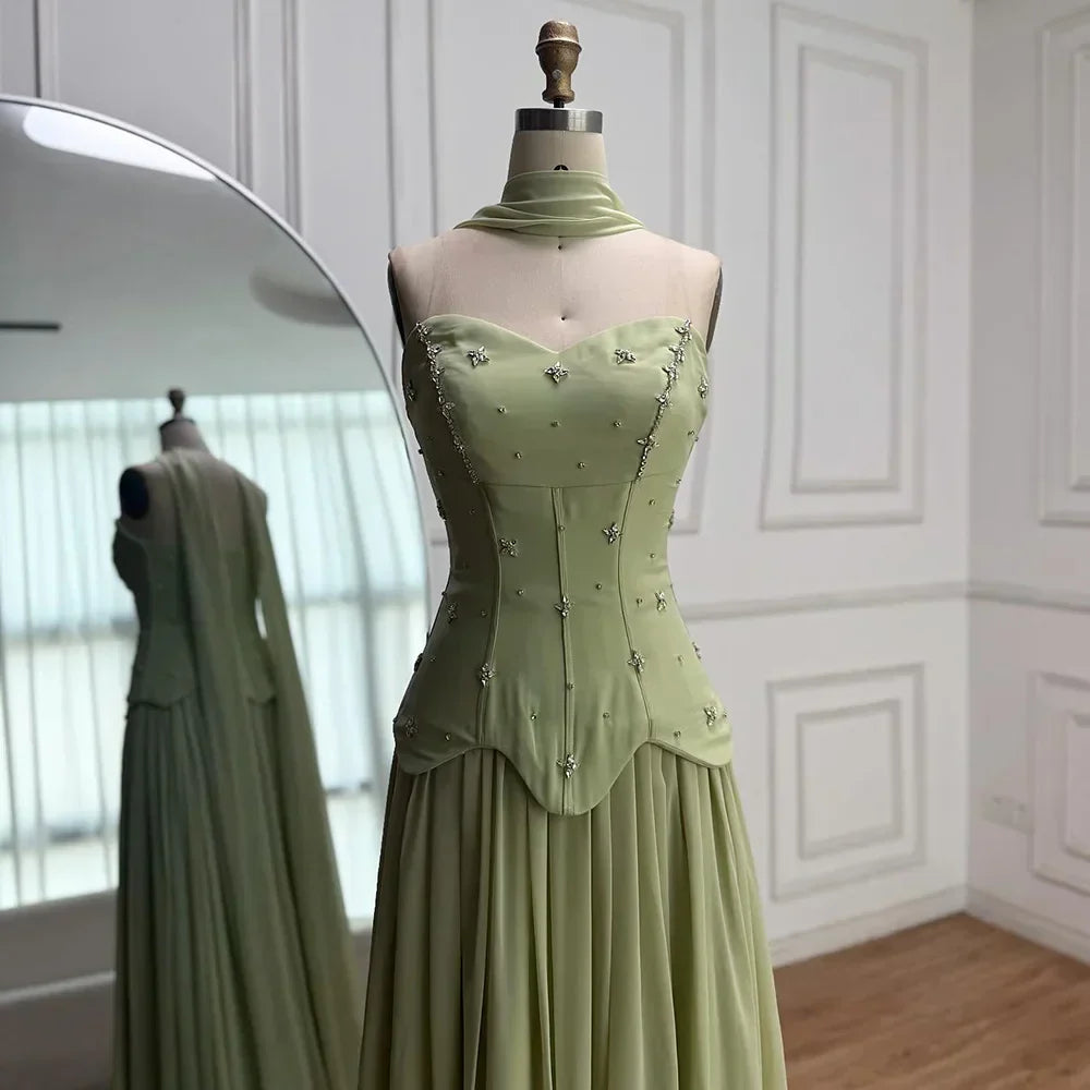 Classy Sage Green   A-Line Chiffon Evening Dress