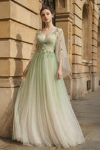 3D Floral Sheer Sleeve Lace Up Back Tulle Prom Dresses
