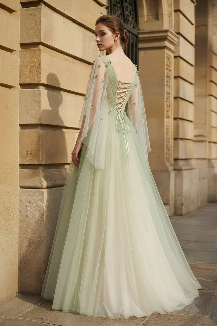 3D Floral Sheer Sleeve Lace Up Back Tulle Prom Dresses