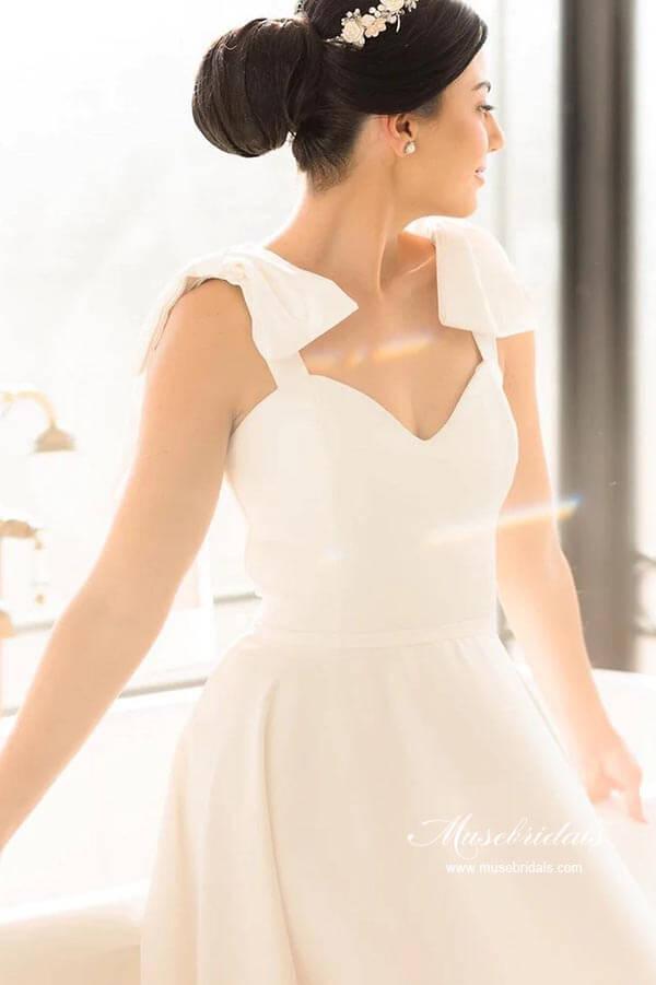 NumberSea Satin A-line Sweetheart Court Train Wedding Dresses With Bowtie Straps, MW882