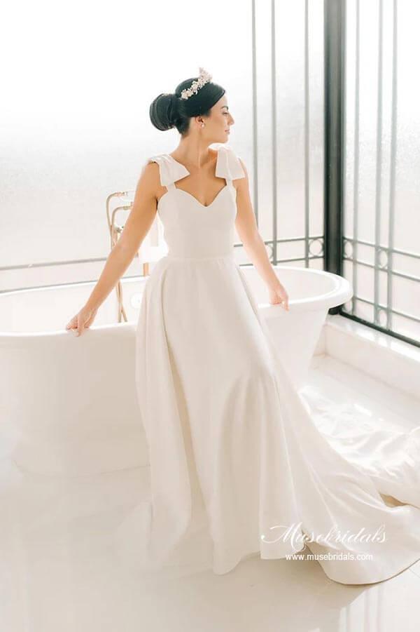 NumberSea Satin A-line Sweetheart Court Train Wedding Dresses With Bowtie Straps, MW882