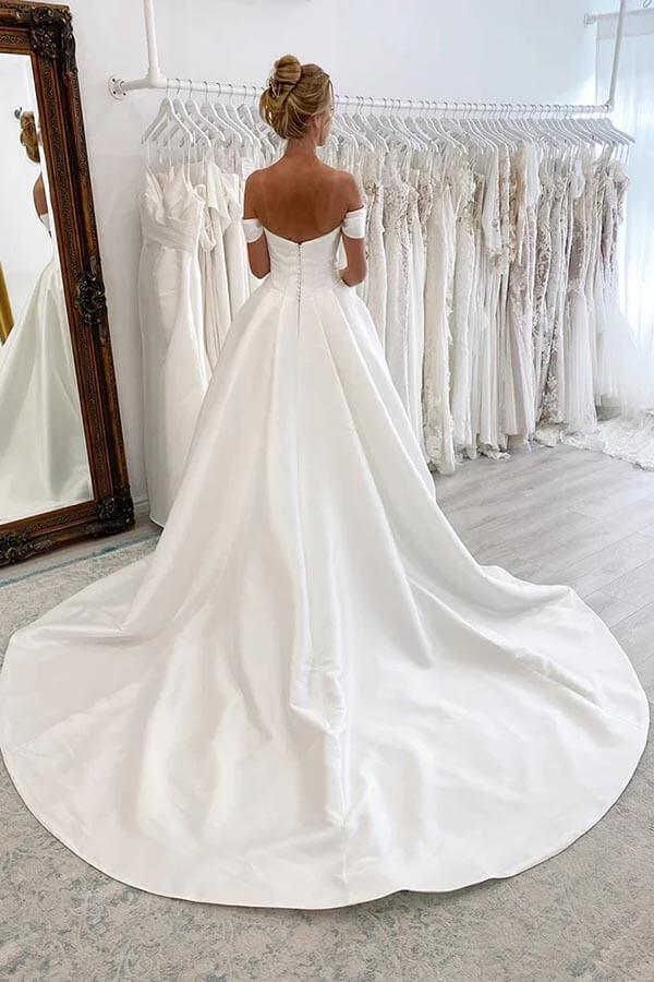 NumberSea Satin Ball Gown Off-the-Shoulder Wedding Dresses With Court Train, MW906