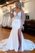 NumberSea Satin Mermaid Lace Appliques Wedding Dresses With Slit, Bridal Gowns, MW862