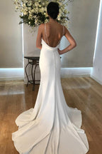 NumberSea Satin Mermaid Spaghetti Straps V-neck Wedding Dresses with Train, MW670