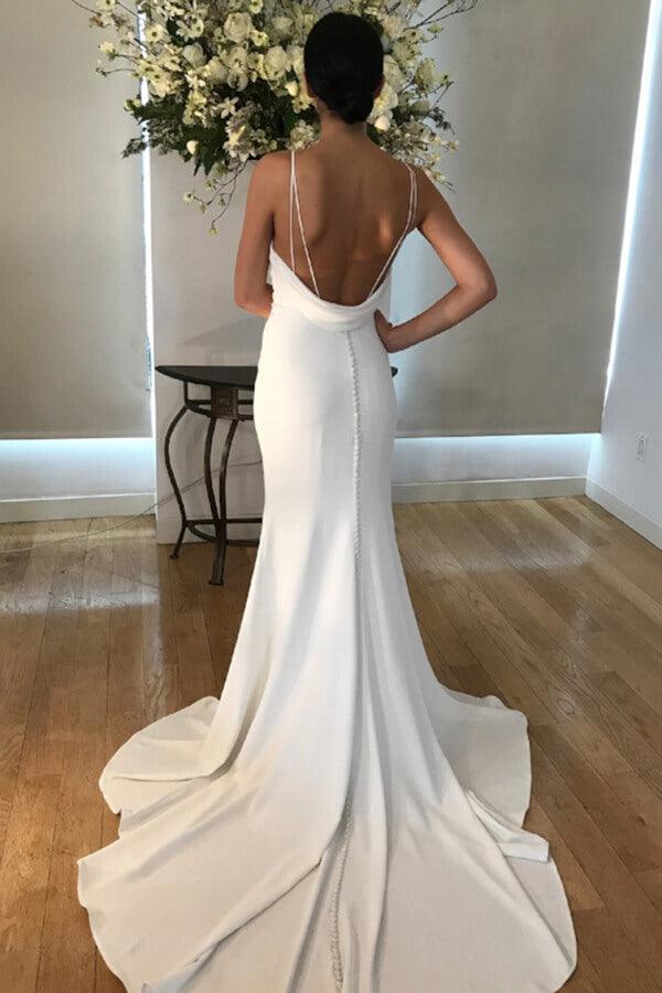 NumberSea Satin Mermaid Spaghetti Straps V-neck Wedding Dresses with Train, MW670