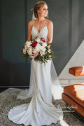 Satin Mermaid V-neck Spaghetti Straps Backless Lace Wedding Dress
