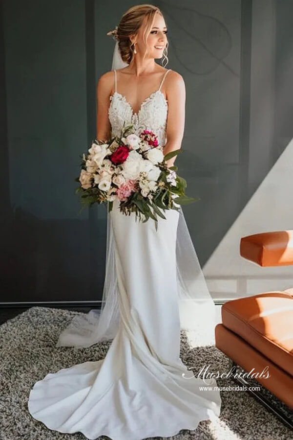 Satin Mermaid V-neck Spaghetti Straps Backless Lace Wedding Dress