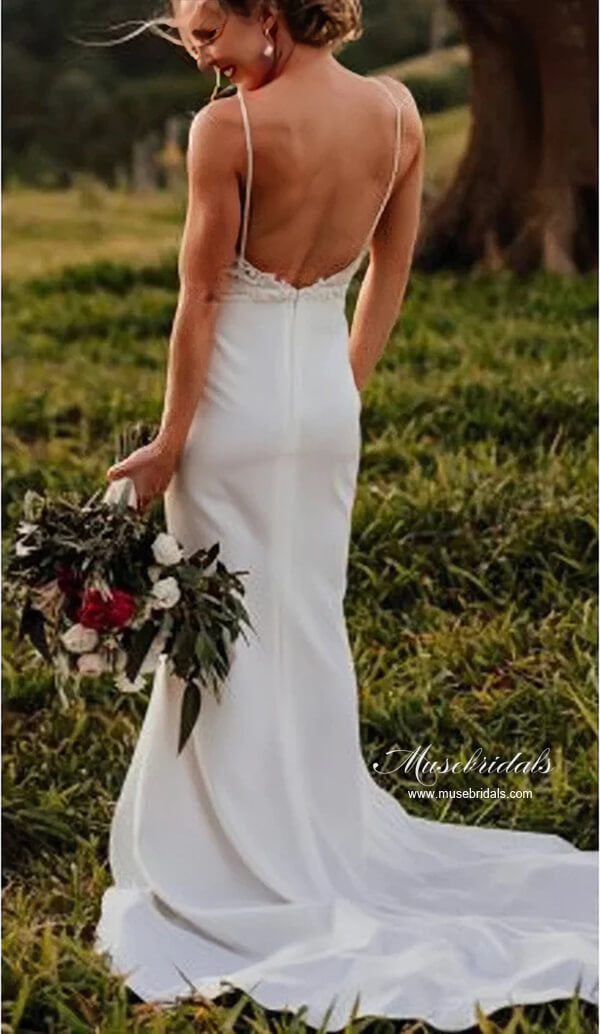 Satin Mermaid V-neck Spaghetti Straps Backless Lace Wedding Dress