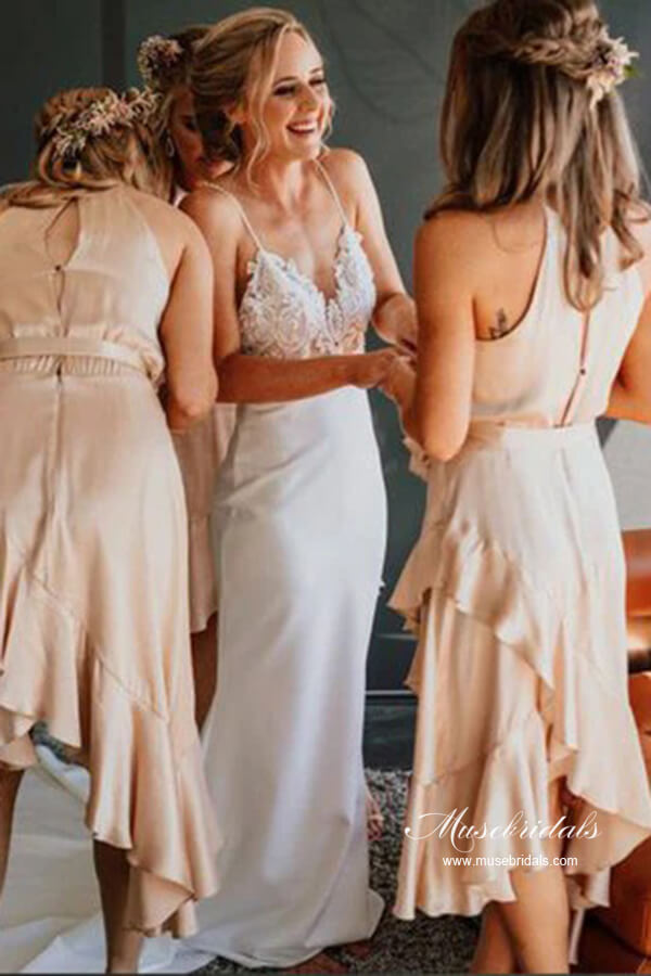 Satin Mermaid V-neck Spaghetti Straps Backless Lace Wedding Dress
