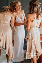 Satin Mermaid V-neck Spaghetti Straps Backless Lace Wedding Dress