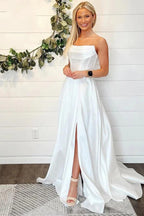NumberSea Satin A-line Strapless Simple Wedding Dresses With Slit, Bridal Gown, MW1022