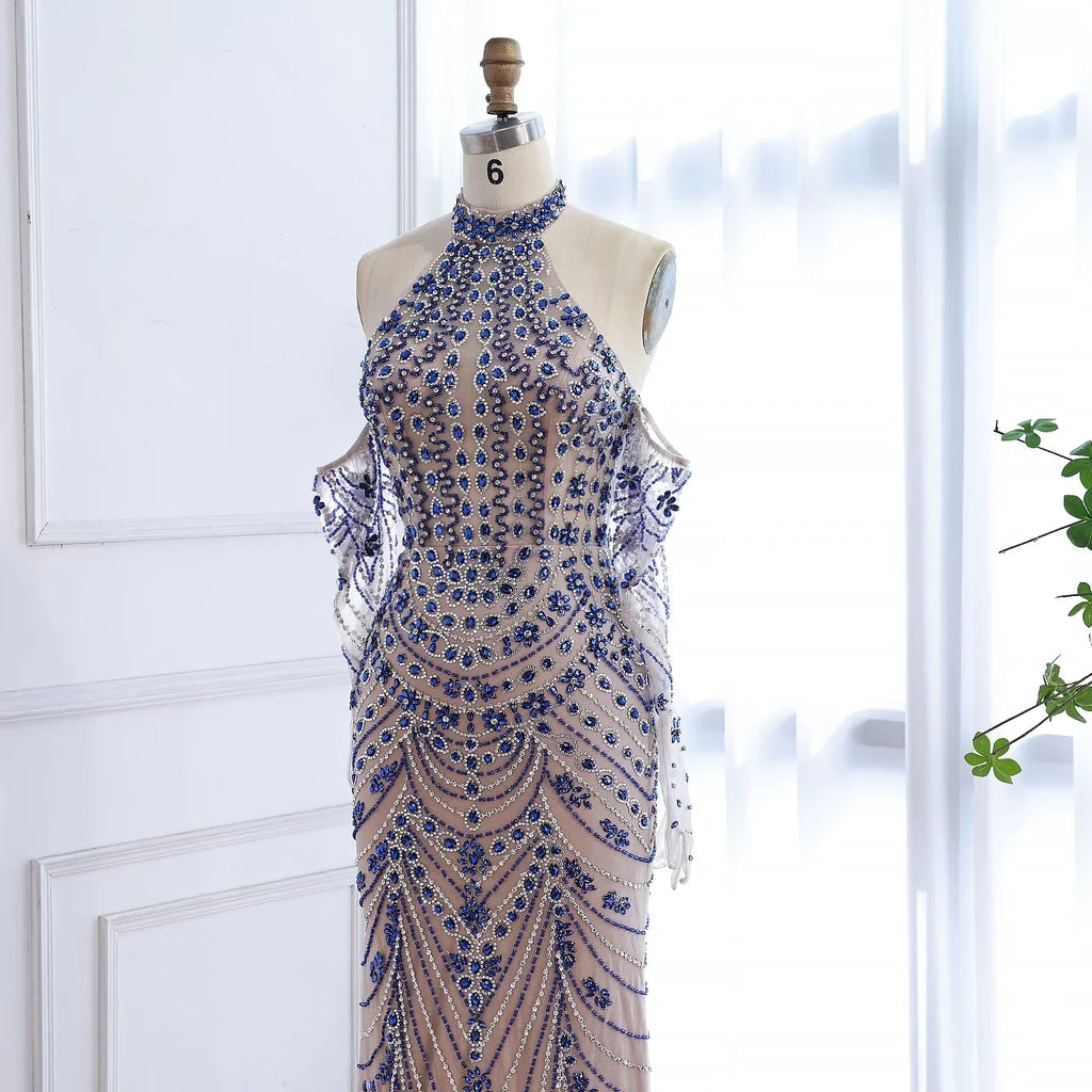 Luxury Kosovo Blue Evening Dress With Gloves