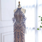 Luxury Kosovo Blue Evening Dress With Gloves